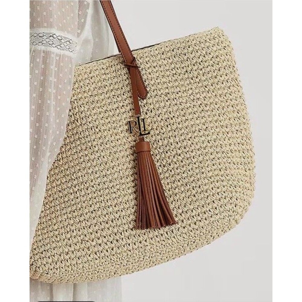 NWT Lauren RALPH LAUREN Crochet-Straw Medium Whitney Tote Natural/Lauren Tan - Picture 2 of 16